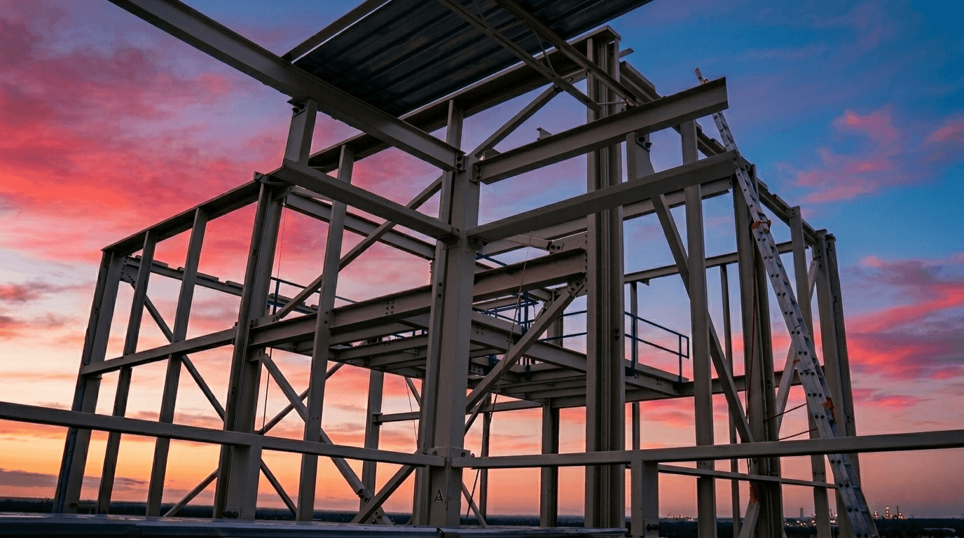Structure d’acier en construction au coucher du soleil